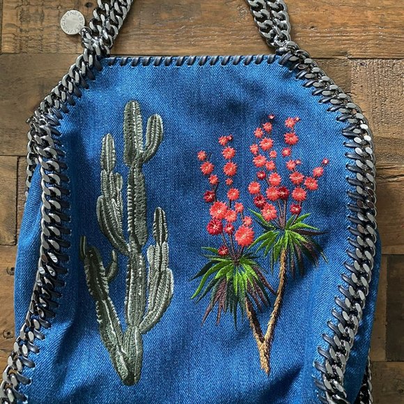 Stella McCartney Falabella Fold Over Embroidered Mini Blue Denim Cross Body Bag - Picture 2 of 6